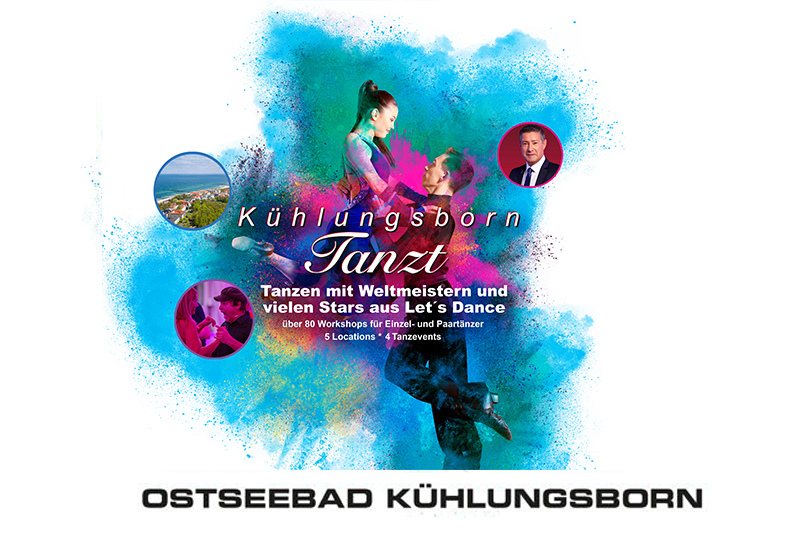 Werbeplakat für 'Kühlungsborn Tanzt', das Tanzworkshops mit Weltmeistern und Stars aus Let's Dance bewirbt, mit buntem Hintergrund und Bildern von Tänzern.