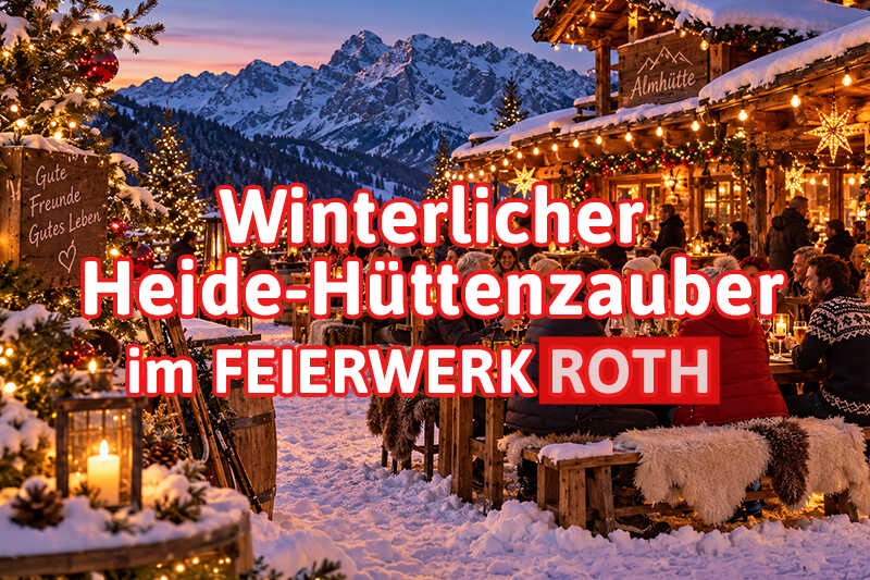 Das Bild zeigt einen stimmungsvollen winterlichen Hüttenzauber mit verschneiter Bergkulisse, festlicher Beleuchtung und gemütlich feiernden Gästen.