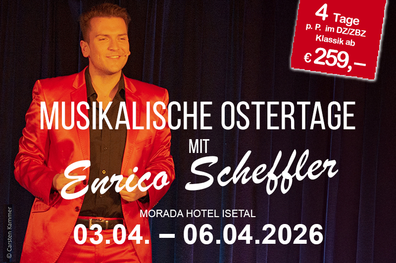 Werbung für Musikalische Ostertage im Morada Hotel Isetal mit Roger Whittaker Double vom 18.04. bis 21.04.2025.
